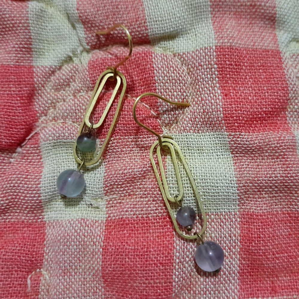 Handmade 'Paperclip' Earrings in Rainbow Fluorite - Picture 2 of 2